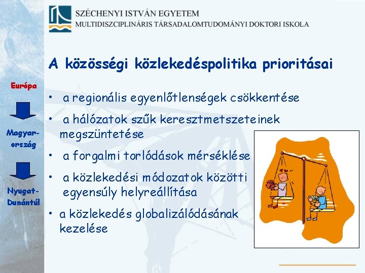 A közösségi közlekedéspolitika prioritásai Európa Magyarország Nyugat. Dunántúl • a regionális egyenlőtlenségek csökkentése •