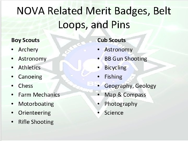 NOVA Related Merit Badges, Belt Loops, and Pins Boy Scouts • • • Archery