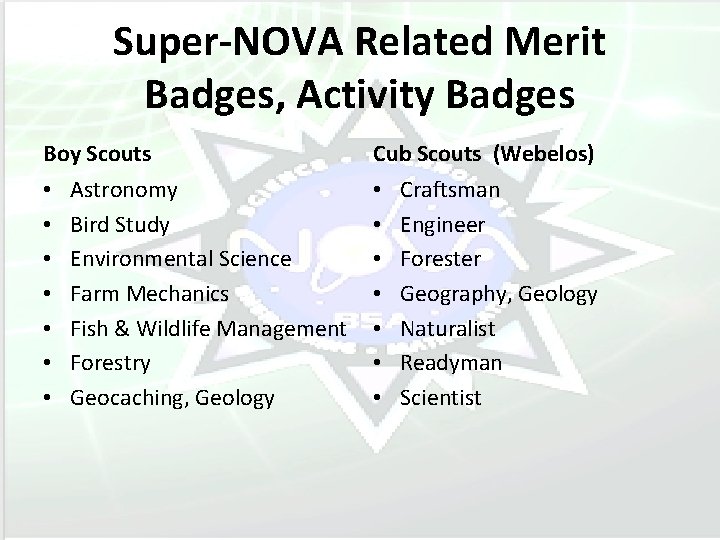 Super-NOVA Related Merit Badges, Activity Badges Boy Scouts • • Astronomy Bird Study Environmental
