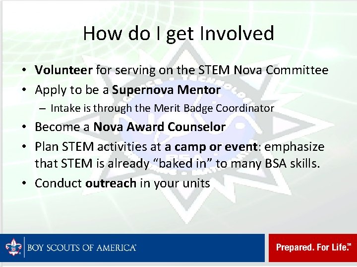 How do I get Involved • Volunteer for serving on the STEM Nova Committee