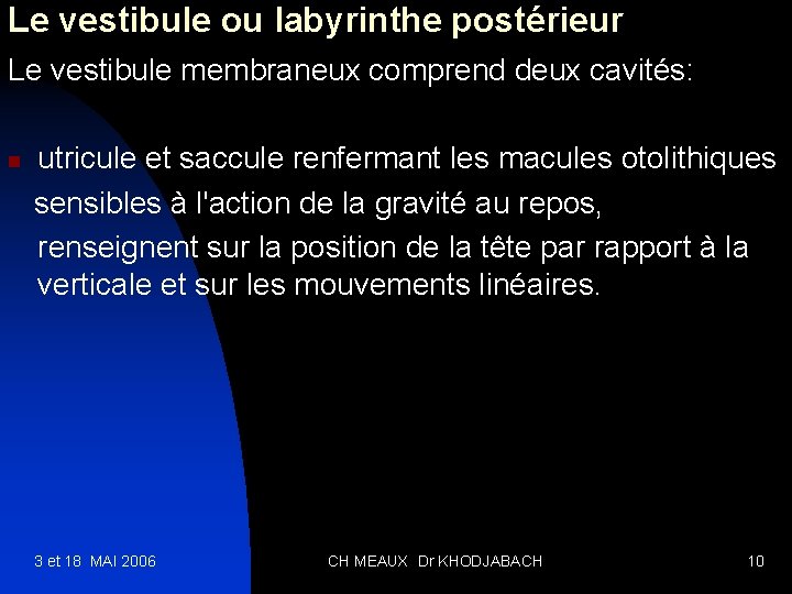 Le vestibule ou labyrinthe postérieur Le vestibule membraneux comprend deux cavités: utricule et saccule