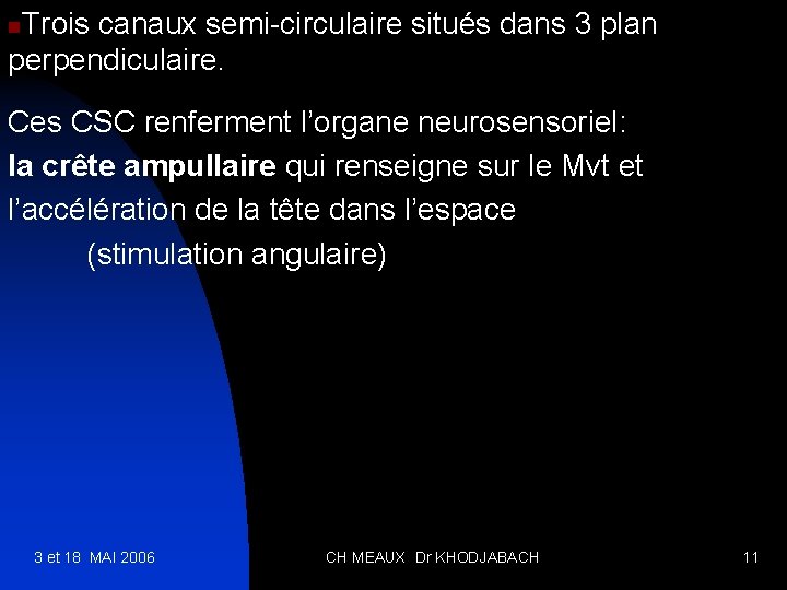 Trois canaux semi-circulaire situés dans 3 plan perpendiculaire. n Ces CSC renferment l’organe neurosensoriel: