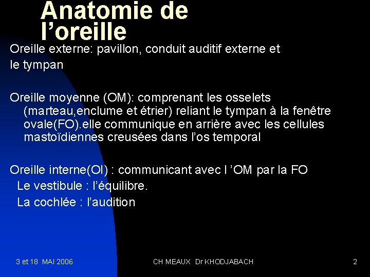 Anatomie de l’oreille Oreille externe: pavillon, conduit auditif externe et le tympan Oreille moyenne