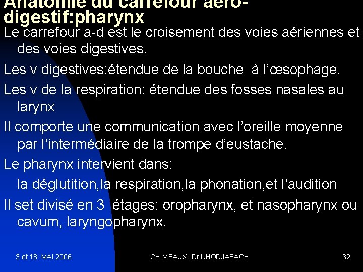 Anatomie du carrefour aerodigestif: pharynx Le carrefour a-d est le croisement des voies aériennes