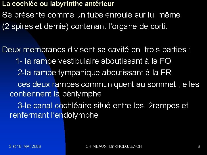 La cochlée ou labyrinthe antérieur Se présente comme un tube enroulé sur lui même