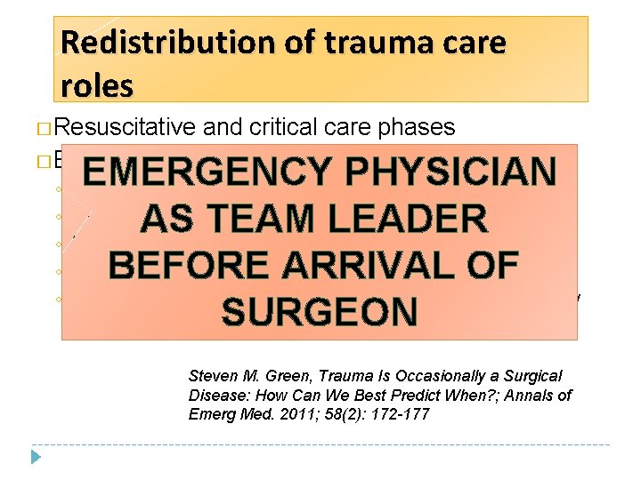 Redistribution of trauma care roles � Resuscitative and critical care phases � Emergency physicians Redistribution of trauma care roles � Resuscitative and critical care phases � Emergency physicians