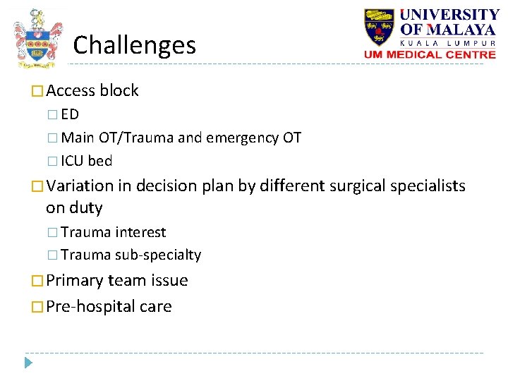 Challenges � Access block � ED � Main OT/Trauma and emergency OT � ICU Challenges � Access block � ED � Main OT/Trauma and emergency OT � ICU
