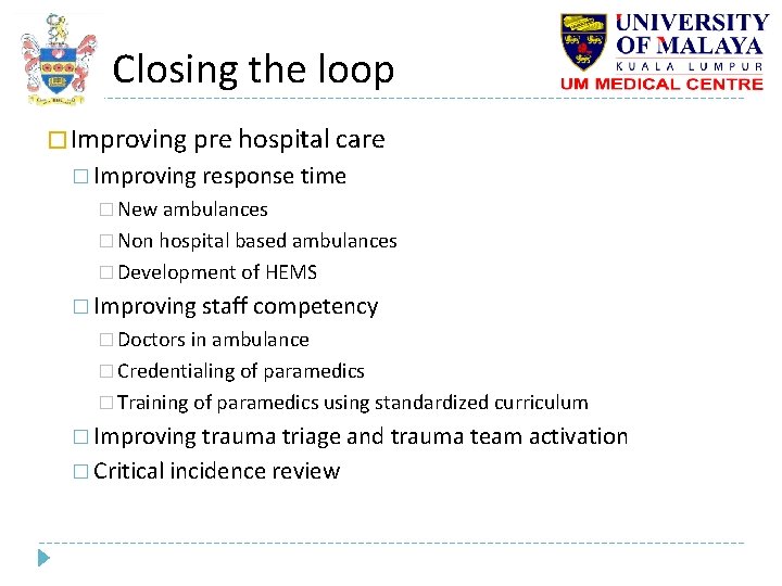Closing the loop � Improving pre hospital care � Improving response time � New Closing the loop � Improving pre hospital care � Improving response time � New