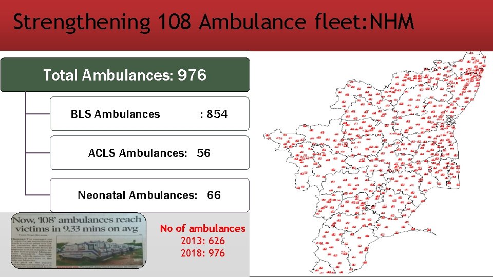 Strengthening 108 Ambulance fleet: NHM Total Ambulances: 976 BLS Ambulances : 854 ACLS Ambulances: