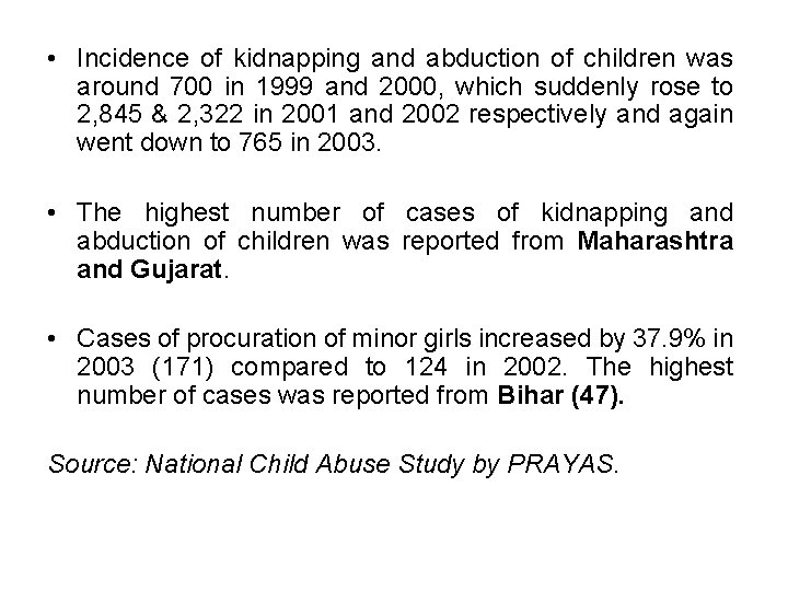  • Incidence of kidnapping and abduction of children was around 700 in 1999