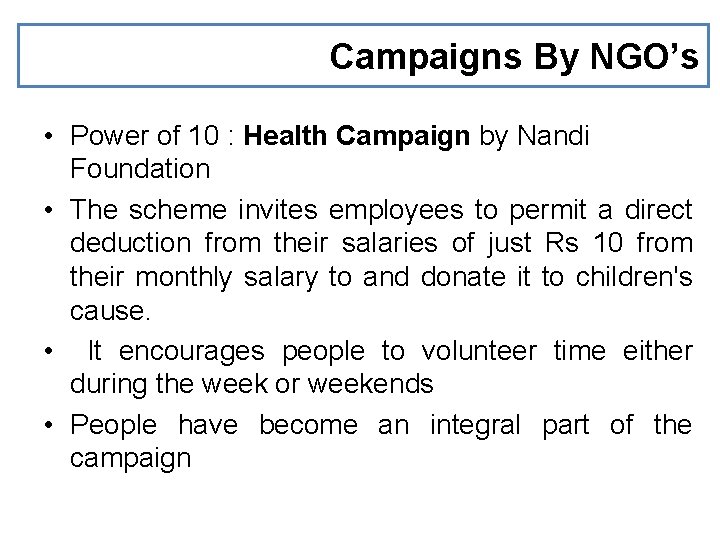 Campaigns By NGO’s • Power of 10 : Health Campaign by Nandi Foundation •