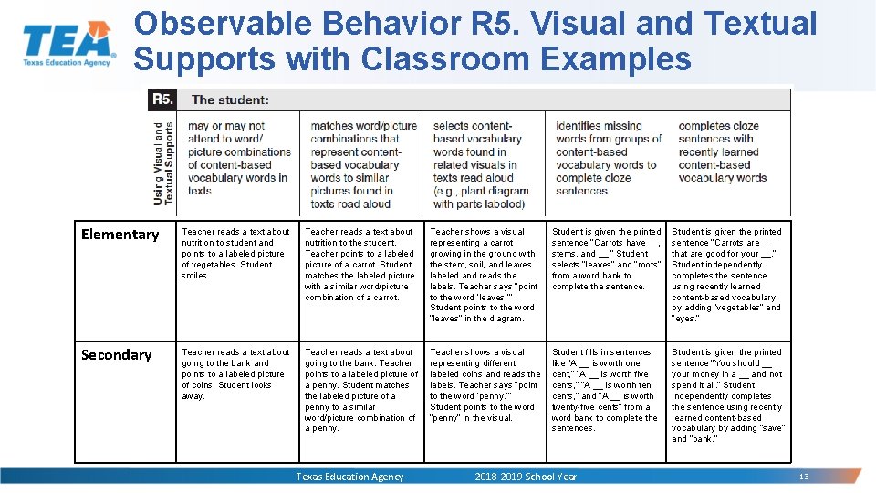 Observable Behavior R 5. Visual and Textual Supports with Classroom Examples Elementary Teacher reads