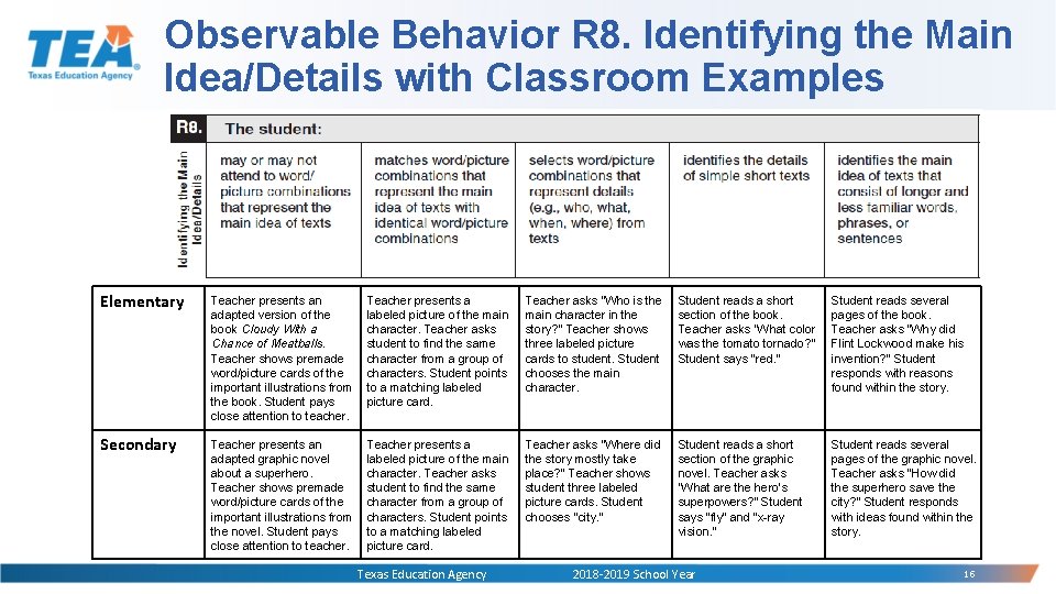 Observable Behavior R 8. Identifying the Main Idea/Details with Classroom Examples Elementary Teacher presents