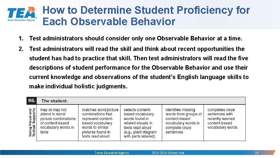 How to Determine Student Proficiency for Each Observable Behavior 1. Test administrators should consider