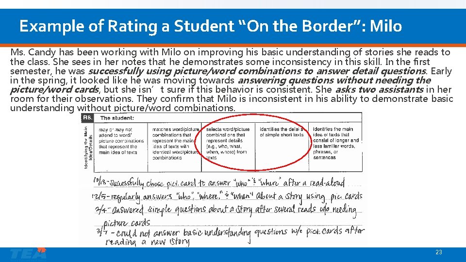 Example of Rating a Student “On the Border”: Milo Ms. Candy has been working