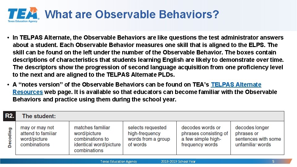 What are Observable Behaviors? • In TELPAS Alternate, the Observable Behaviors are like questions