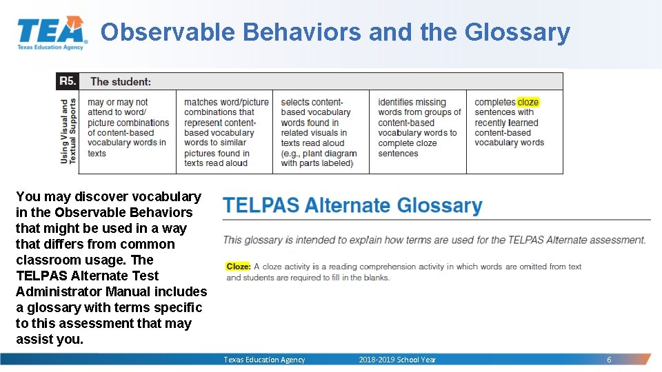 Observable Behaviors and the Glossary You may discover vocabulary in the Observable Behaviors that