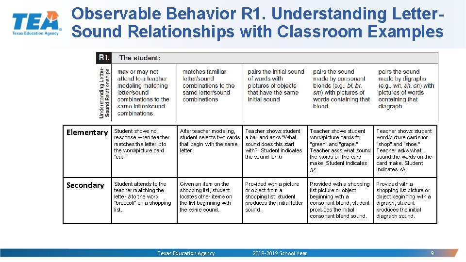 Observable Behavior R 1. Understanding Letter. Sound Relationships with Classroom Examples Elementary Student shows