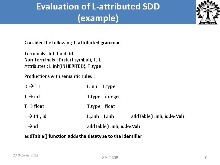 Evaluation of L-attributed SDD (example) Consider the following L-attributed grammar : Terminals : int, Evaluation of L-attributed SDD (example) Consider the following L-attributed grammar : Terminals : int,