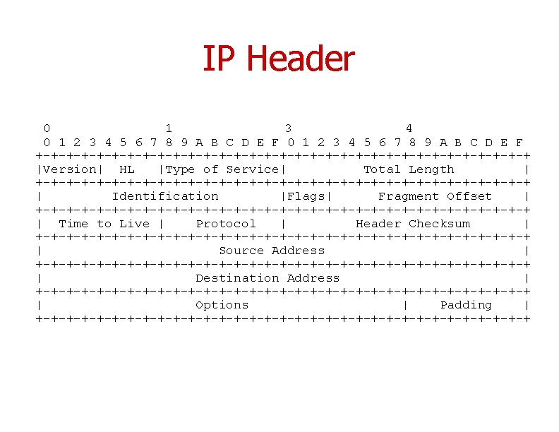 IP Header 0 1 3 4 0 1 2 3 4 5 6 7