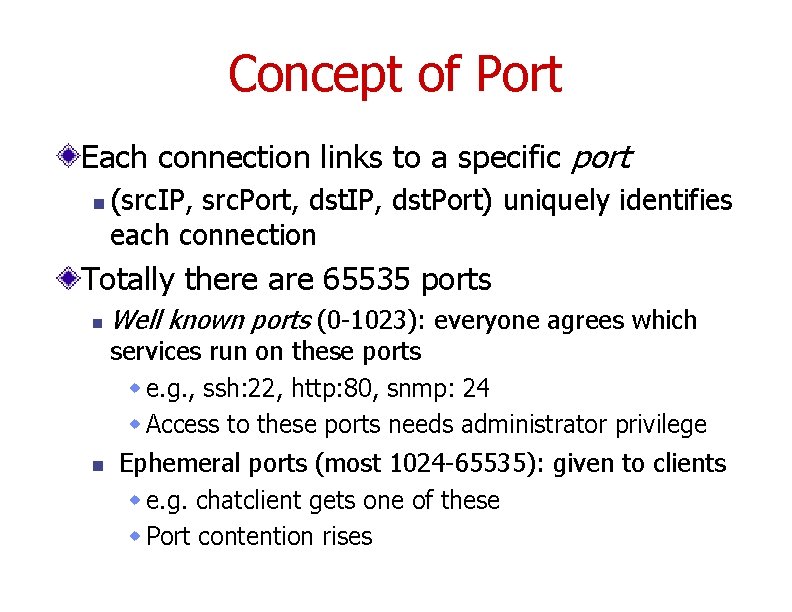 Concept of Port Each connection links to a specific port n (src. IP, src.