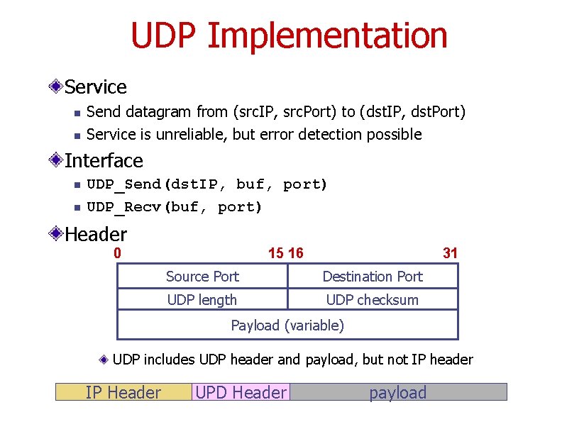 UDP Implementation Service n n Send datagram from (src. IP, src. Port) to (dst.