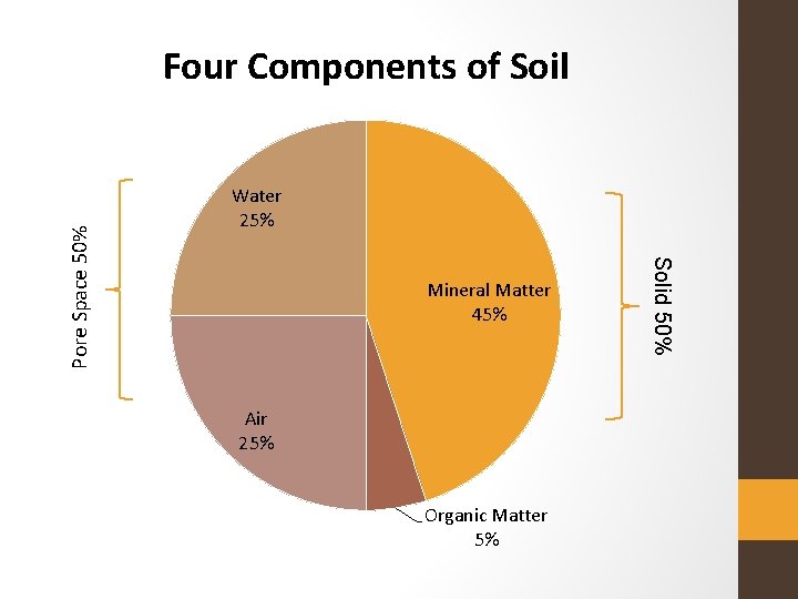 Water 25% Mineral Matter 45% Air 25% Organic Matter 5% Solid 50% Pore Space