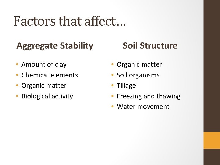 Factors that affect… Aggregate Stability • • Amount of clay Chemical elements Organic matter
