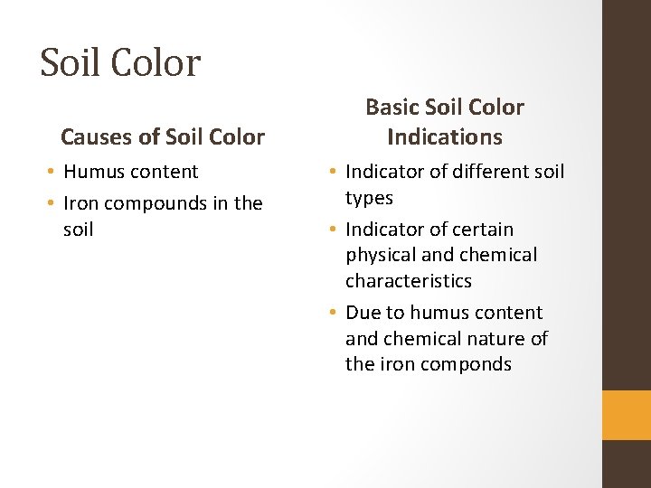 Soil Color Causes of Soil Color • Humus content • Iron compounds in the