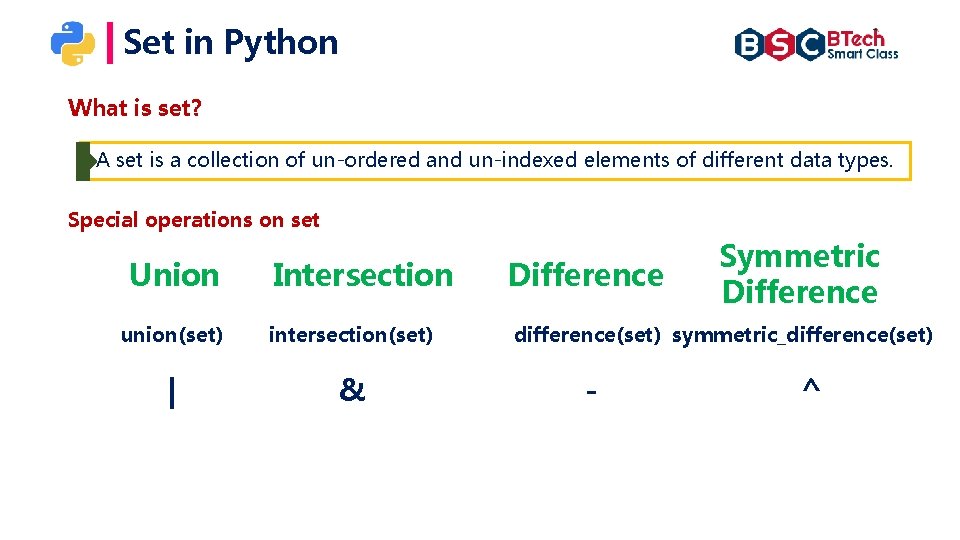 Set in Python What is set? A set is a collection of un-ordered and Set in Python What is set? A set is a collection of un-ordered and