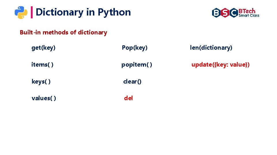 Dictionary in Python Built-in methods of dictionary get(key) Pop(key) len(dictionary) items( ) popitem( ) Dictionary in Python Built-in methods of dictionary get(key) Pop(key) len(dictionary) items( ) popitem( )