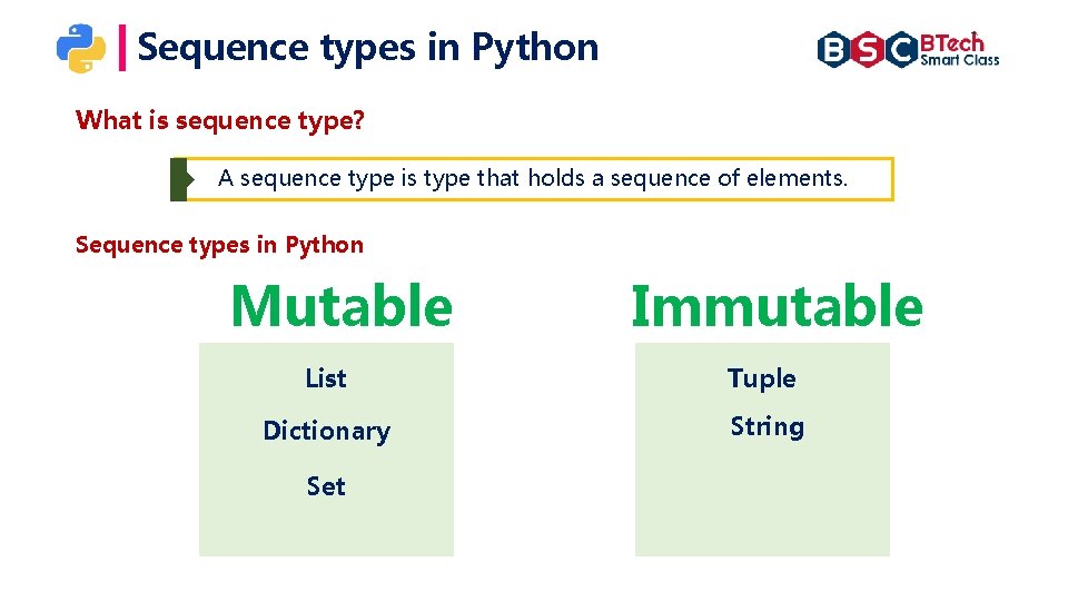 Sequence types in Python What is sequence type? A sequence type is type that Sequence types in Python What is sequence type? A sequence type is type that