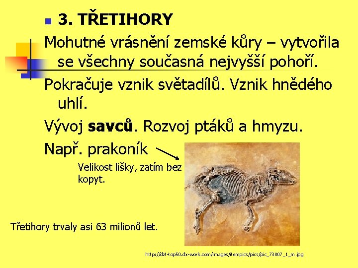 3. TŘETIHORY Mohutné vrásnění zemské kůry – vytvořila se všechny současná nejvyšší pohoří. Pokračuje