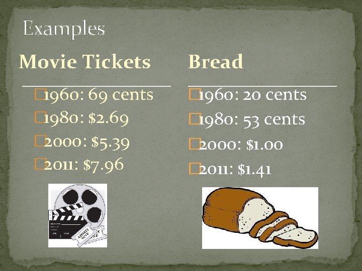 Examples Movie Tickets � 1960: 69 cents � 1980: $2. 69 � 2000: $5. Examples Movie Tickets � 1960: 69 cents � 1980: $2. 69 � 2000: $5.
