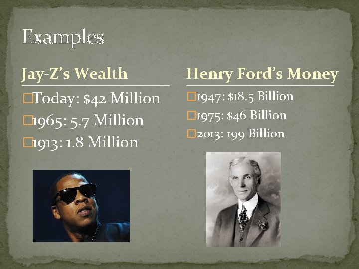 Examples Jay-Z’s Wealth Henry Ford’s Money �Today: $42 Million � 1947: $18. 5 Billion Examples Jay-Z’s Wealth Henry Ford’s Money �Today: $42 Million � 1947: $18. 5 Billion