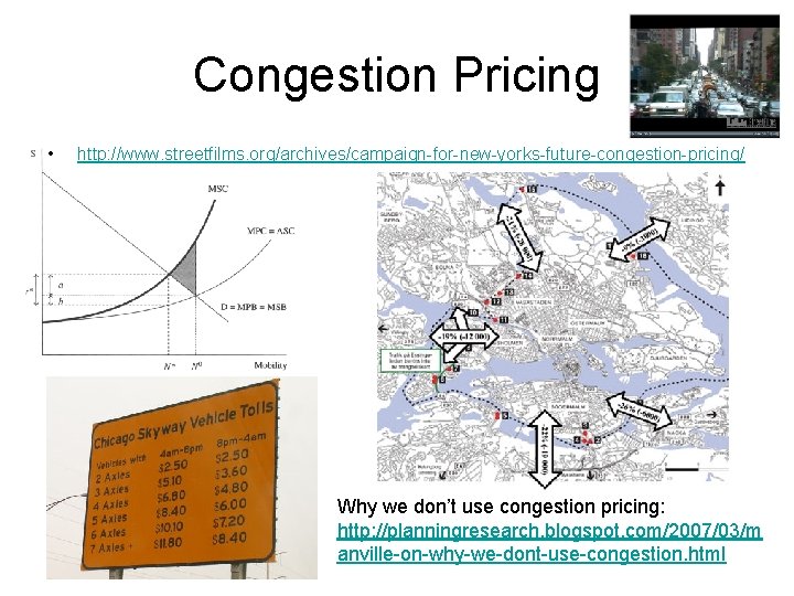 Congestion Pricing • http: //www. streetfilms. org/archives/campaign-for-new-yorks-future-congestion-pricing/ Why we don’t use congestion pricing: http: