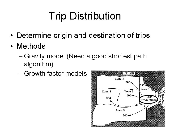 Trip Distribution • Determine origin and destination of trips • Methods – Gravity model