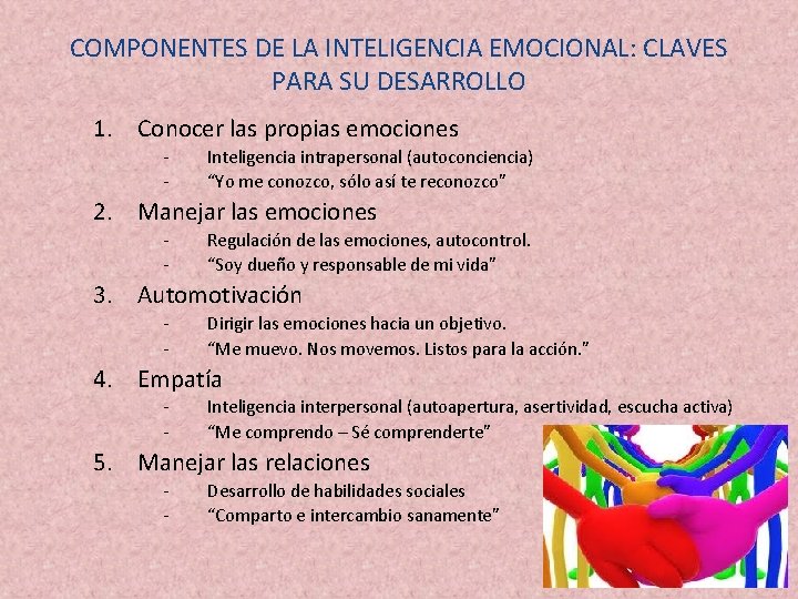 COMPONENTES DE LA INTELIGENCIA EMOCIONAL: CLAVES PARA SU DESARROLLO 1. Conocer las propias emociones