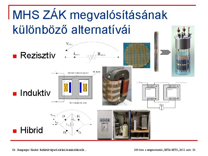 MHS ZÁK megvalósításának különböző alternatívái n Rezisztív n Induktív n Hibrid Dr. Semperger Sándor: MHS ZÁK megvalósításának különböző alternatívái n Rezisztív n Induktív n Hibrid Dr. Semperger Sándor: