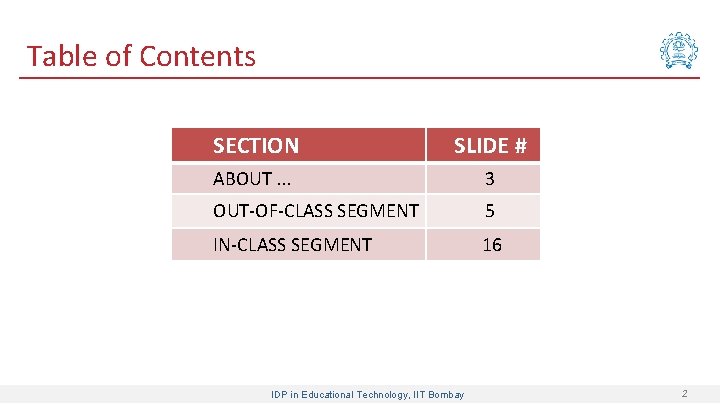 Table of Contents SECTION SLIDE # ABOUT. . . 3 OUT-OF-CLASS SEGMENT IN-CLASS SEGMENT