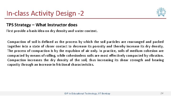 In-class Activity Design -2 TPS Strategy – What Instructor does First provide a basis