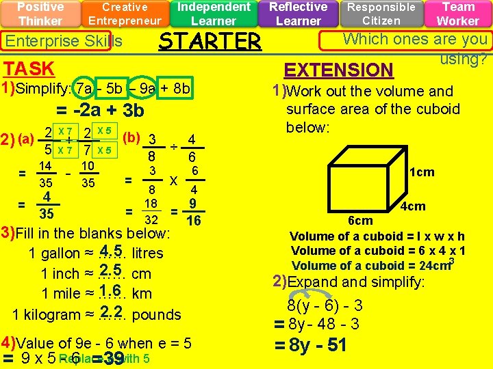 Positive Thinker Creative Entrepreneur Independent Learner STARTER Enterprise Skills TASK = = 5 X