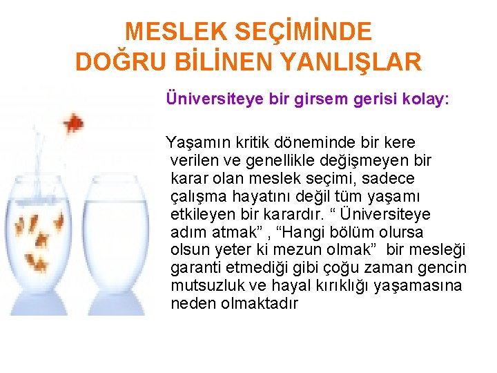 MESLEK SEÇİMİNDE DOĞRU BİLİNEN YANLIŞLAR Üniversiteye bir girsem gerisi kolay: Yaşamın kritik döneminde bir