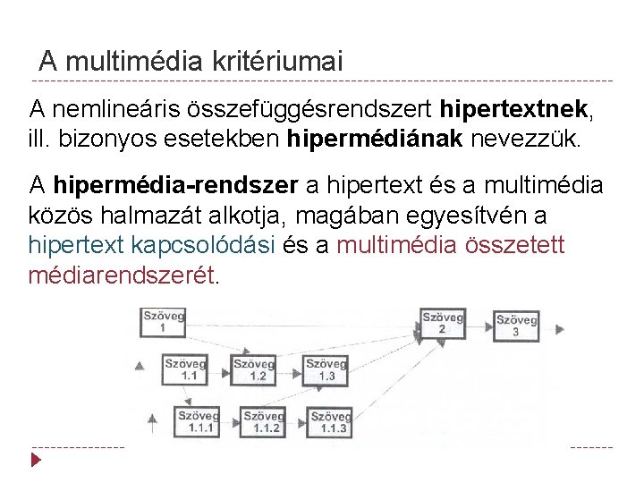 A multimédia kritériumai A nemlineáris összefüggésrendszert hipertextnek, ill. bizonyos esetekben hipermédiának nevezzük. A hipermédia-rendszer