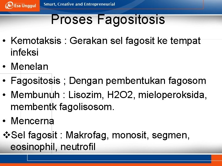 Proses Fagositosis • Kemotaksis : Gerakan sel fagosit ke tempat infeksi • Menelan •