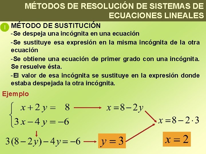 MÉTODOS DE RESOLUCIÓN DE SISTEMAS DE ECUACIONES LINEALES DE SUSTITUCIÓN MÉTODO -Se despeja una