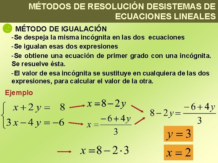 MÉTODOS DE RESOLUCIÓN DESISTEMAS DE ECUACIONES LINEALES MÉTODO DE IGUALACIÓN -Se despeja la misma