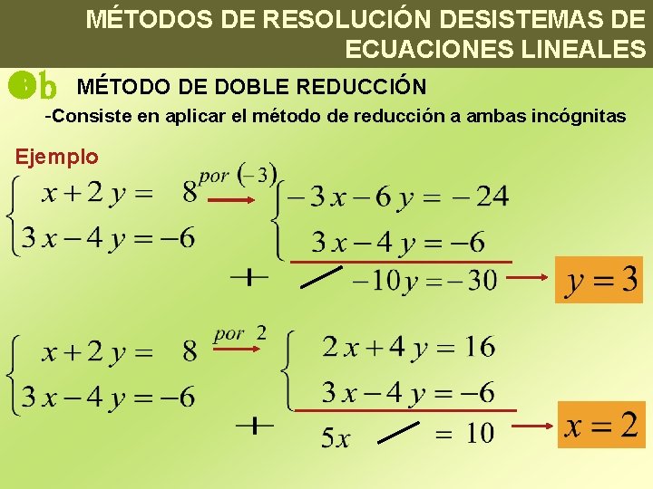 MÉTODOS DE RESOLUCIÓN DESISTEMAS DE ECUACIONES LINEALES b MÉTODO DE DOBLE REDUCCIÓN -Consiste en