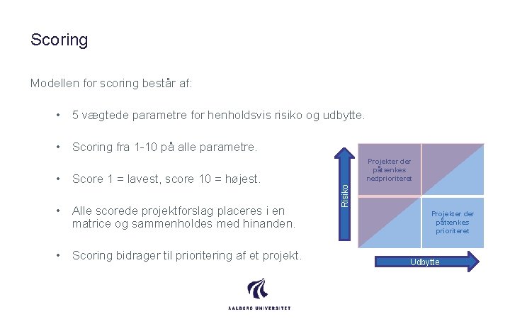 Scoring Modellen for scoring består af: • 5 vægtede parametre for henholdsvis risiko og