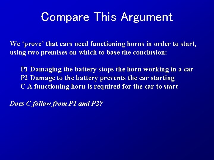 Compare This Argument We ‘prove’ that cars need functioning horns in order to start,